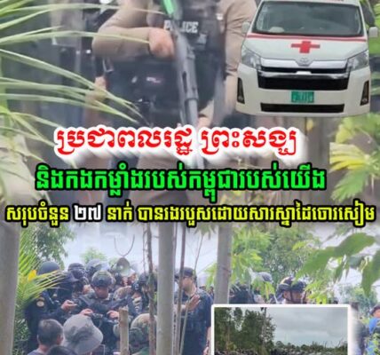 ព័ត៌មានក្តៅៗ! ប្រជាពលរដ្ឋ ព្រះសង្ឃ និងកងកម្លាំងរបស់កម្ពុជា យើង សរុបចំនួន ២៧ នាក់ បាន…